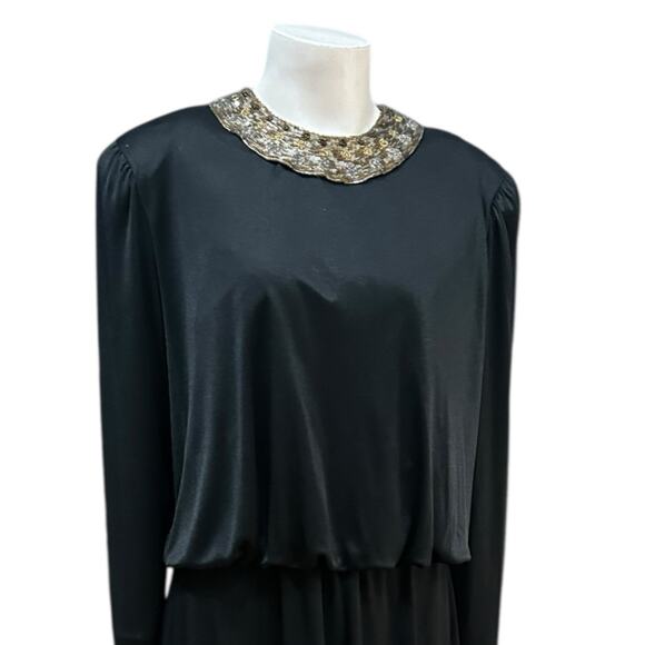 Vintage 1980s Black Beaded Collar Dress – Long Sleeve Drop Waist / Medium - - Picture 3 of 5